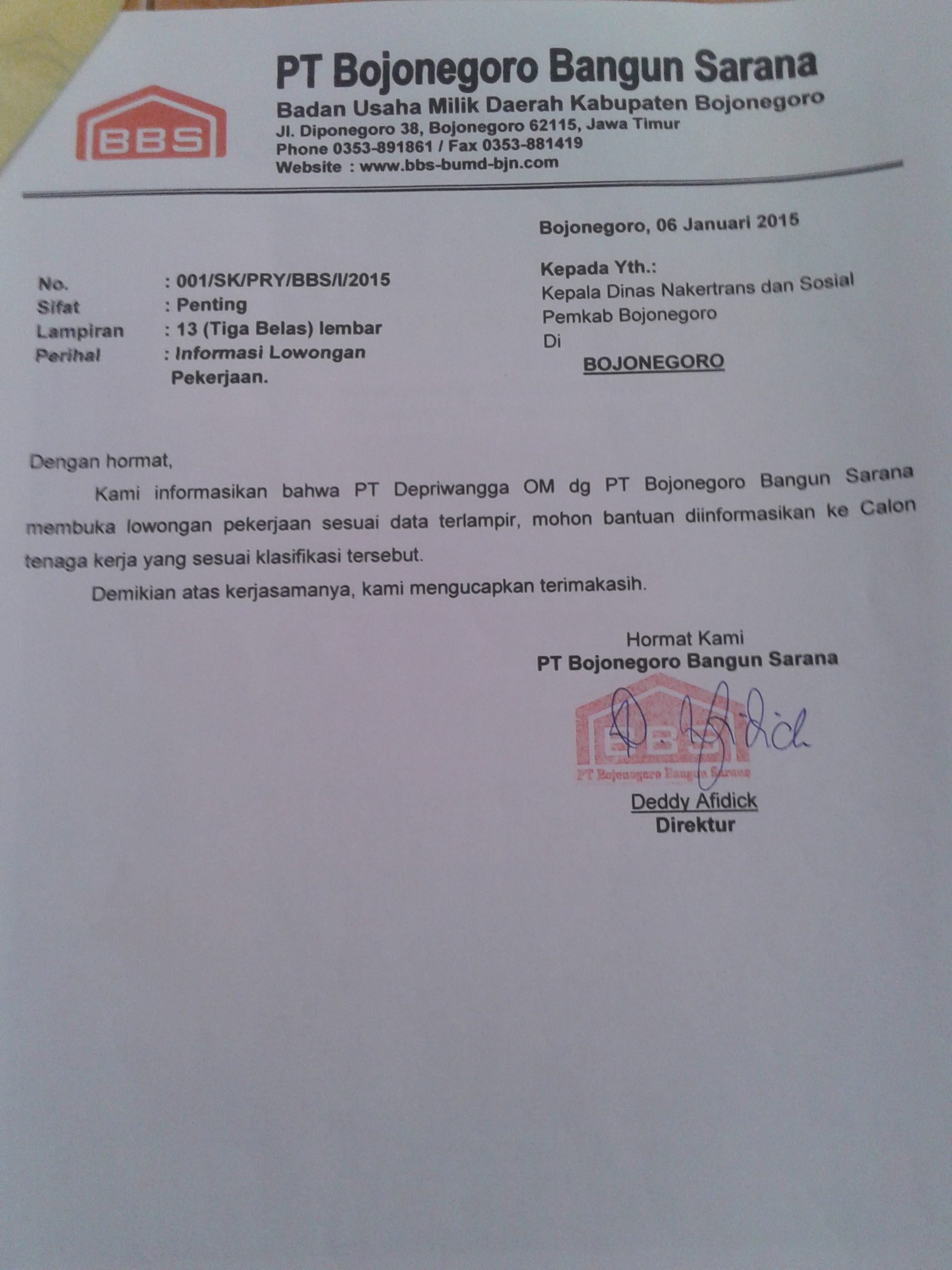 LOWONGAN KERJA PT. BOJONEGORO BANGUN SARANA ( PT. BBS )