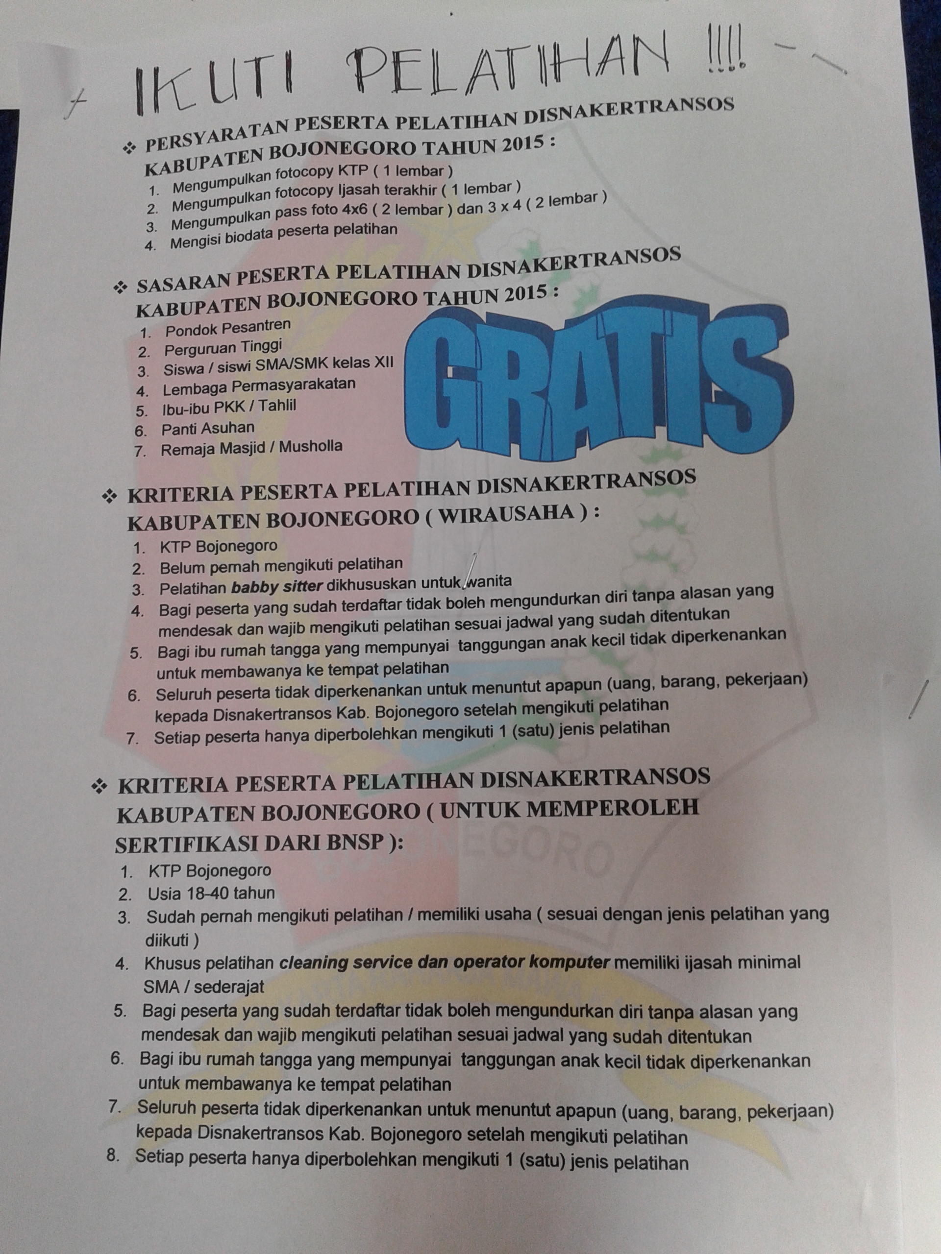 PERSYARATAN PELATIHAN KERJA TAHUN 2015