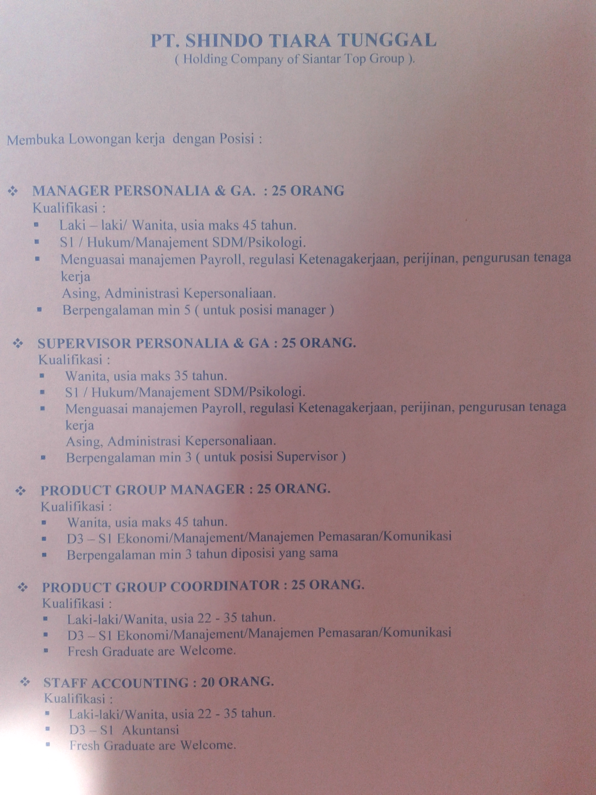 LOWONGAN KERJA PT. SHINDO TIARA TUNGGAL