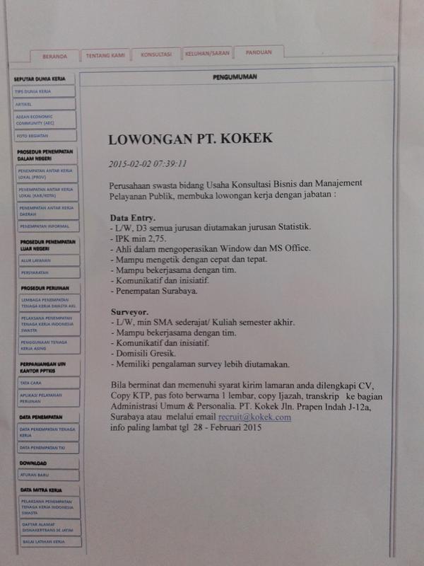 LOWONGAN KERJA PT KOKEK