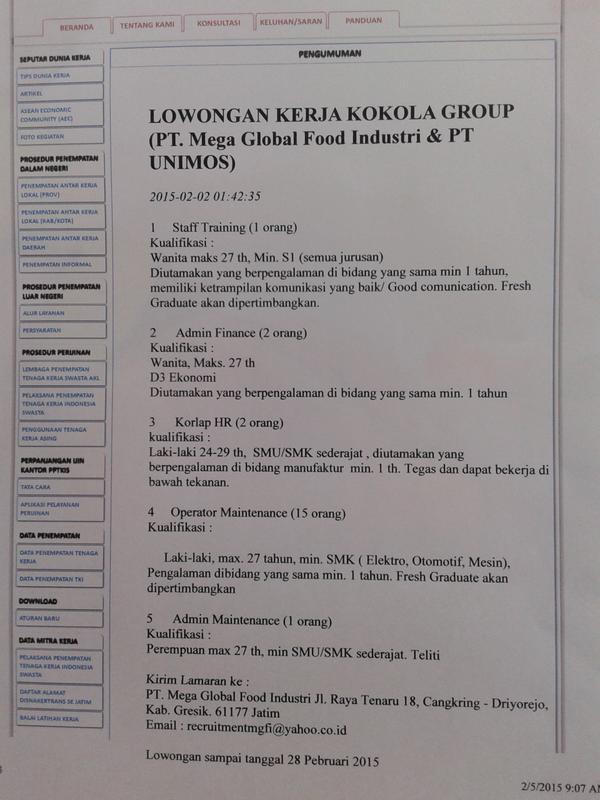 LOWONGAN KERJA KOKOLA GROUP ( PT. MEGA GLOBAL FOOD INDUSTRI & PT. UNIMOS )