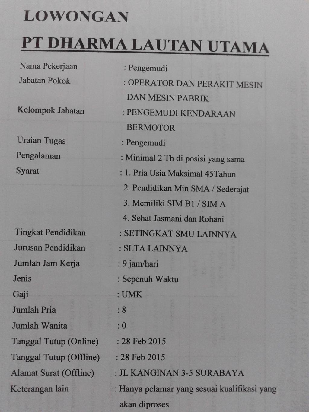 LOWONGAN KERJA PT. DHARMA LAUTAN UTAMA