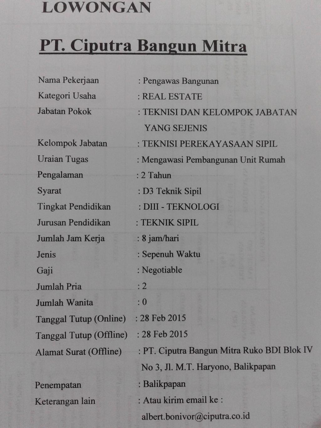 LOWONGAN KERJA PT. CIPUTRA BANGUN MITRA