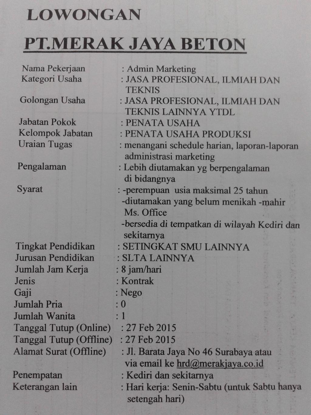 LOWONGAN KERJA PT. MERAK JAYA BETON