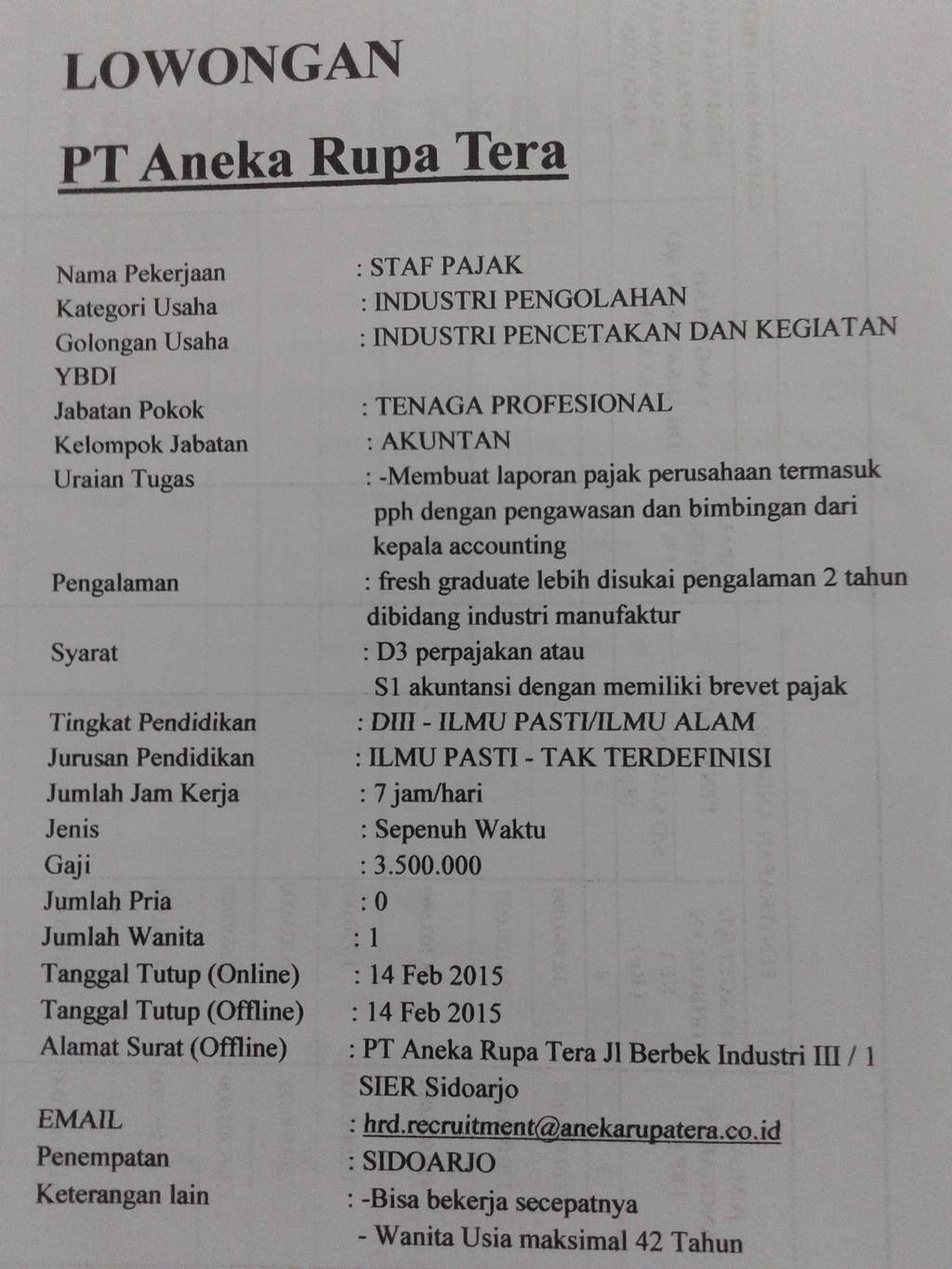 LOWONGAN KERJA PT. ANEKA RUPA TERA