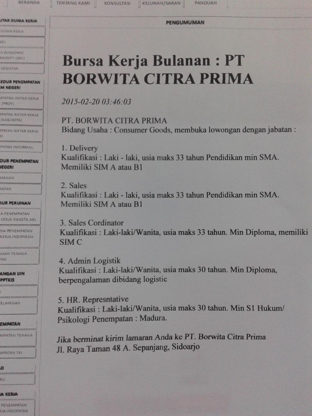 LOWONGAN KERJA PT. BORWITA CITRA PRIMA