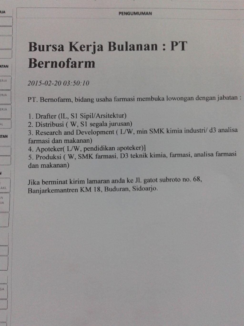 LOWONGAN KERJA PT. BERNOFARM