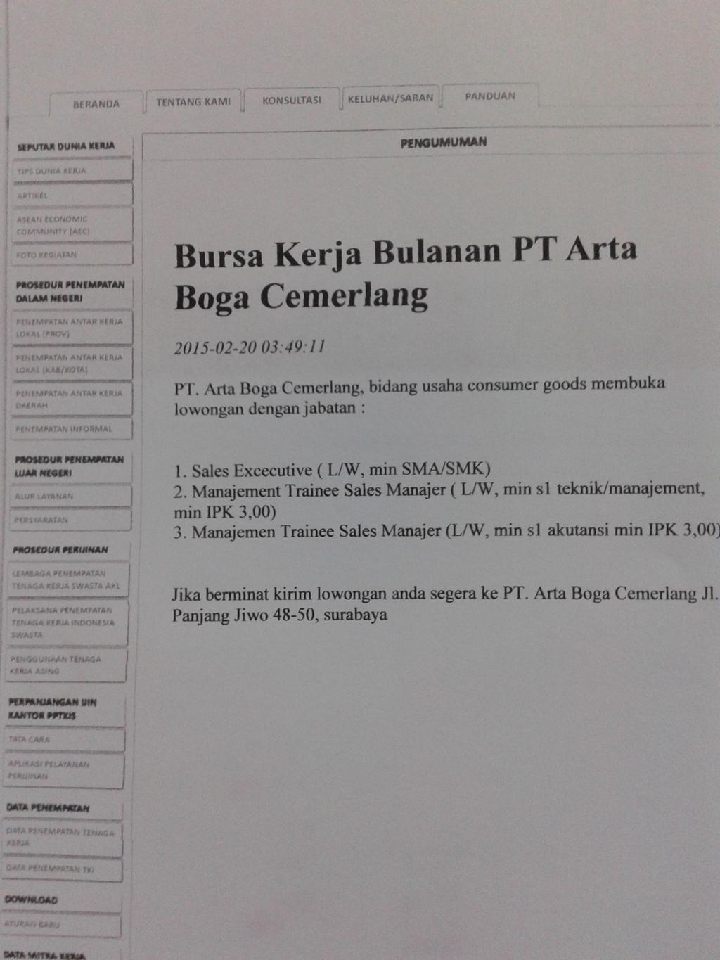 LOWONGAN KERJA PT. ARTA BOGA CEMERLANG