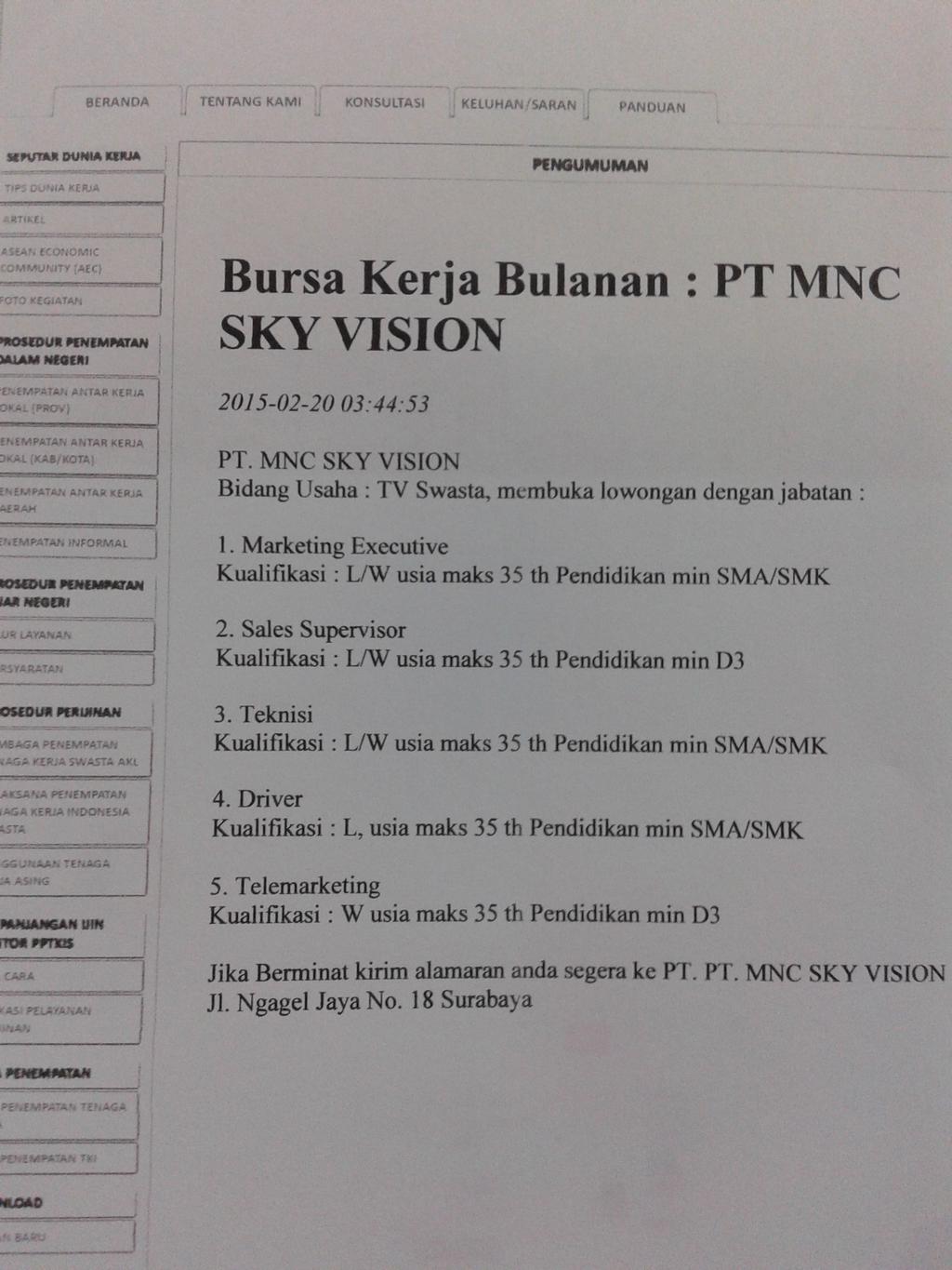 LOWONGAN KERJA PT. MNC SKY VISION