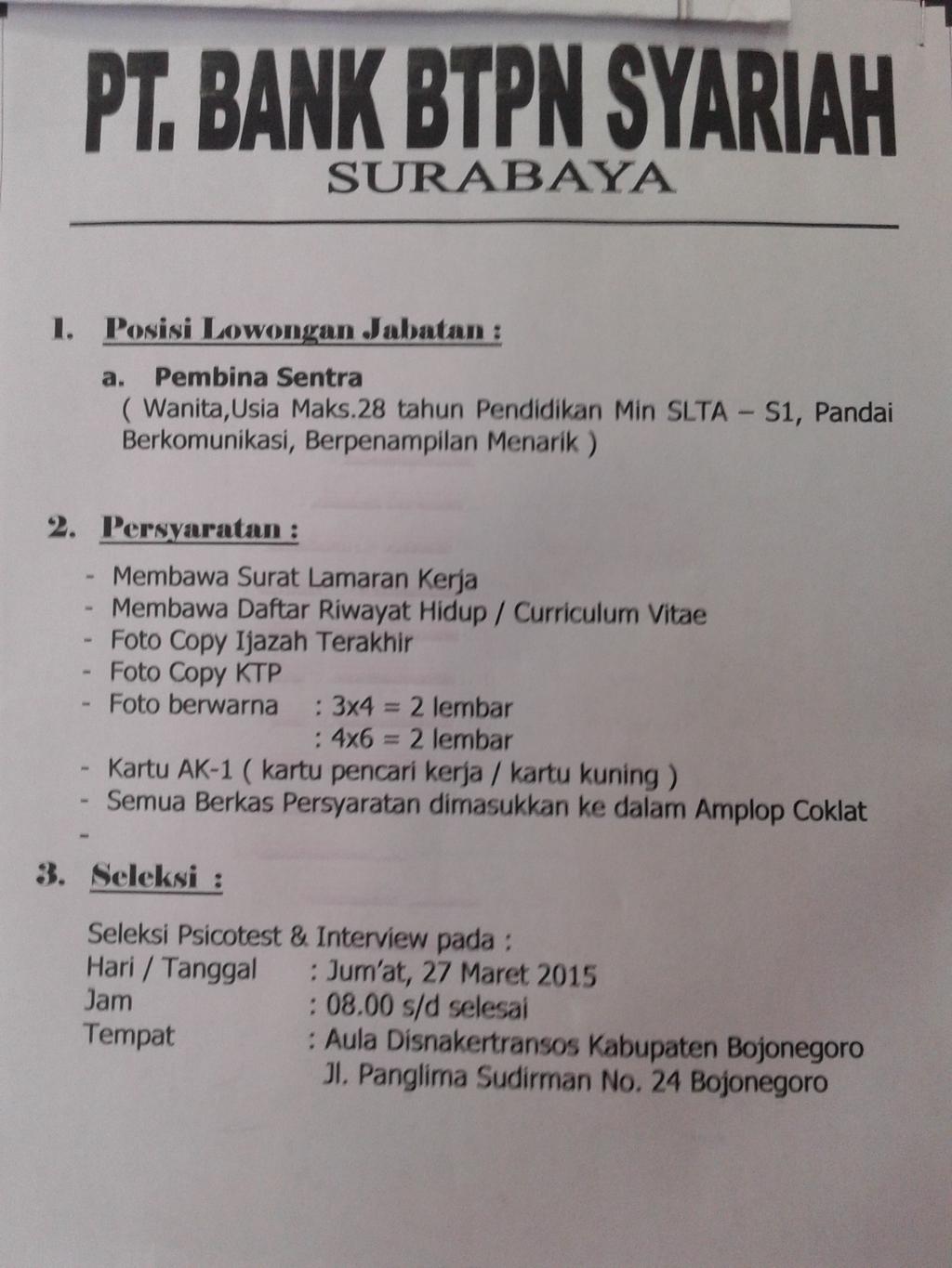 LOWONGAN KERJA PT. BTPN SYARIAH SURABAYA